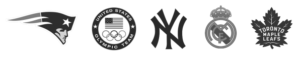 Logos of Tendo Sport customers including New England Patriots, United States Olympic team, New York Yankees, Real Madrid CF, Toronto Maple Leafs in black and white