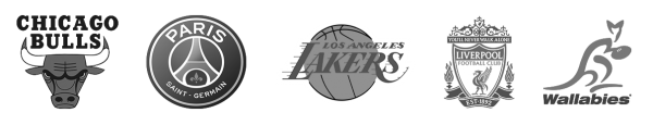 Logos of Tendo Sport customers including Chicago Bulls, Paris Saint-Germain, Los Angeles Lakers, Liverpool Football Club, The Australia national rugby union team in black and white