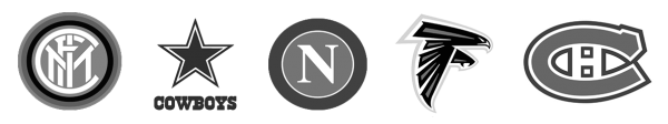 Logos of Tendo Sport customers including FC Inter Milano, Dallas Cowboys, SSC Napoli, Atlanta Falcons, Montreal Canadians in black and white