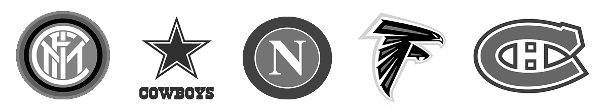 Logos of Tendo Sport customers including FC Inter Milano, Dallas Cowboys, SSC Napoli, Atlanta Falcons, Montreal Canadians in black and white