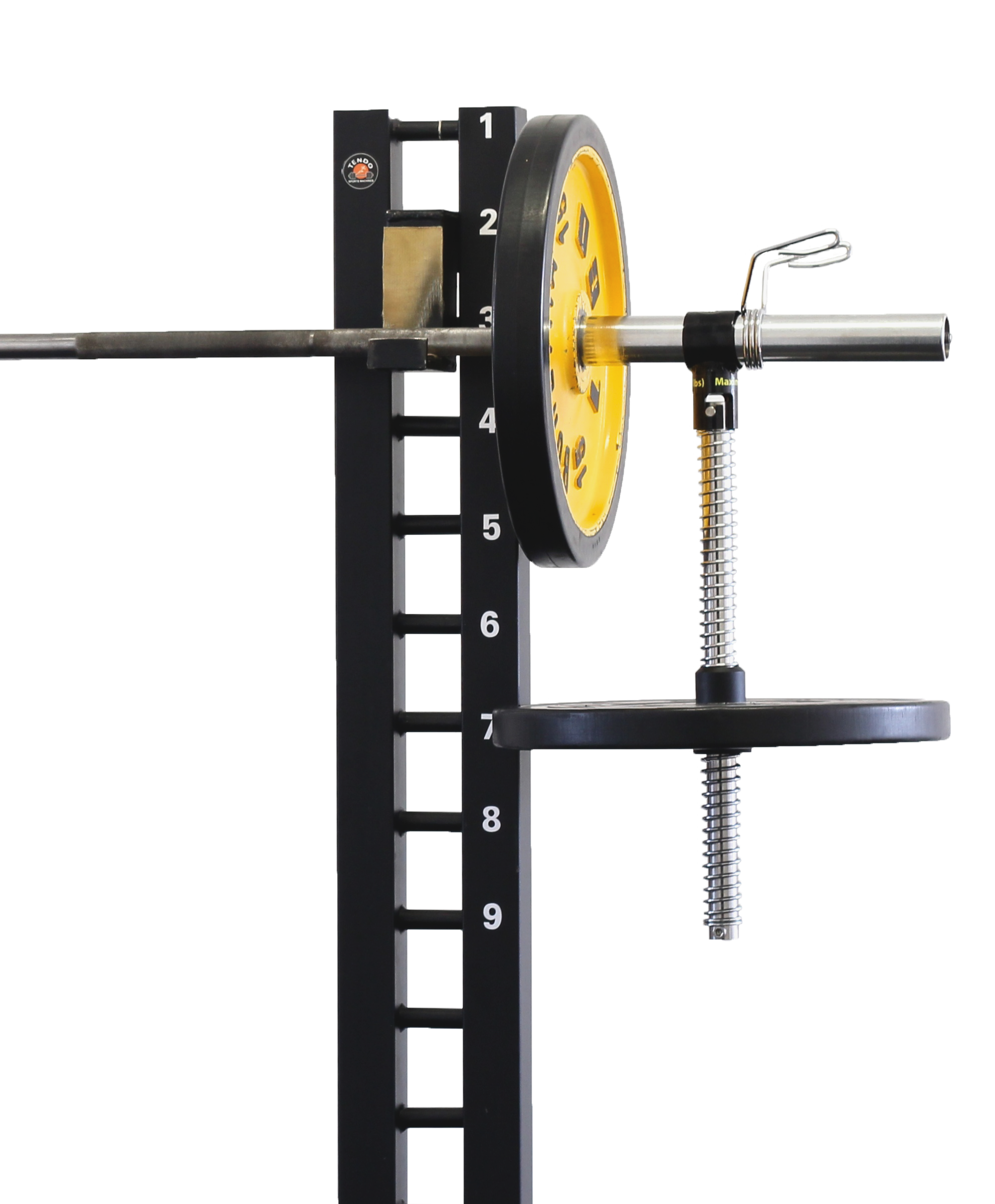 Close up of Tendo barbell destabiliser by Tendo Sport with weight on a right side of a rack