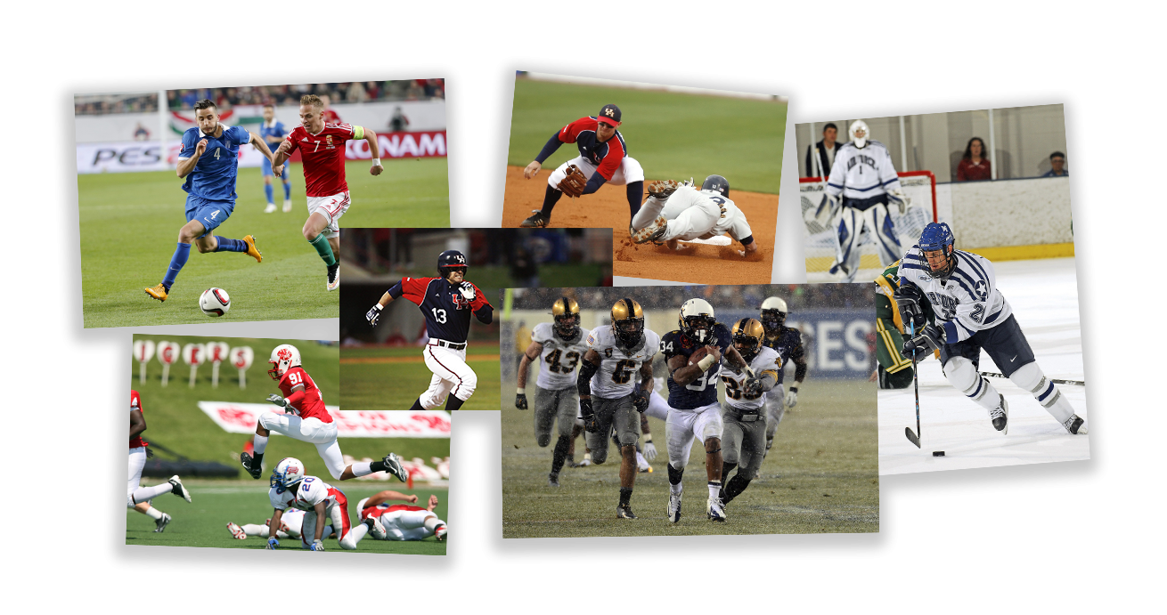 Different sports depicting athletes in full sprint highlighting importance of speed of athletes including football, baseball, ice hockey, american football, soccer - Tendo Sport