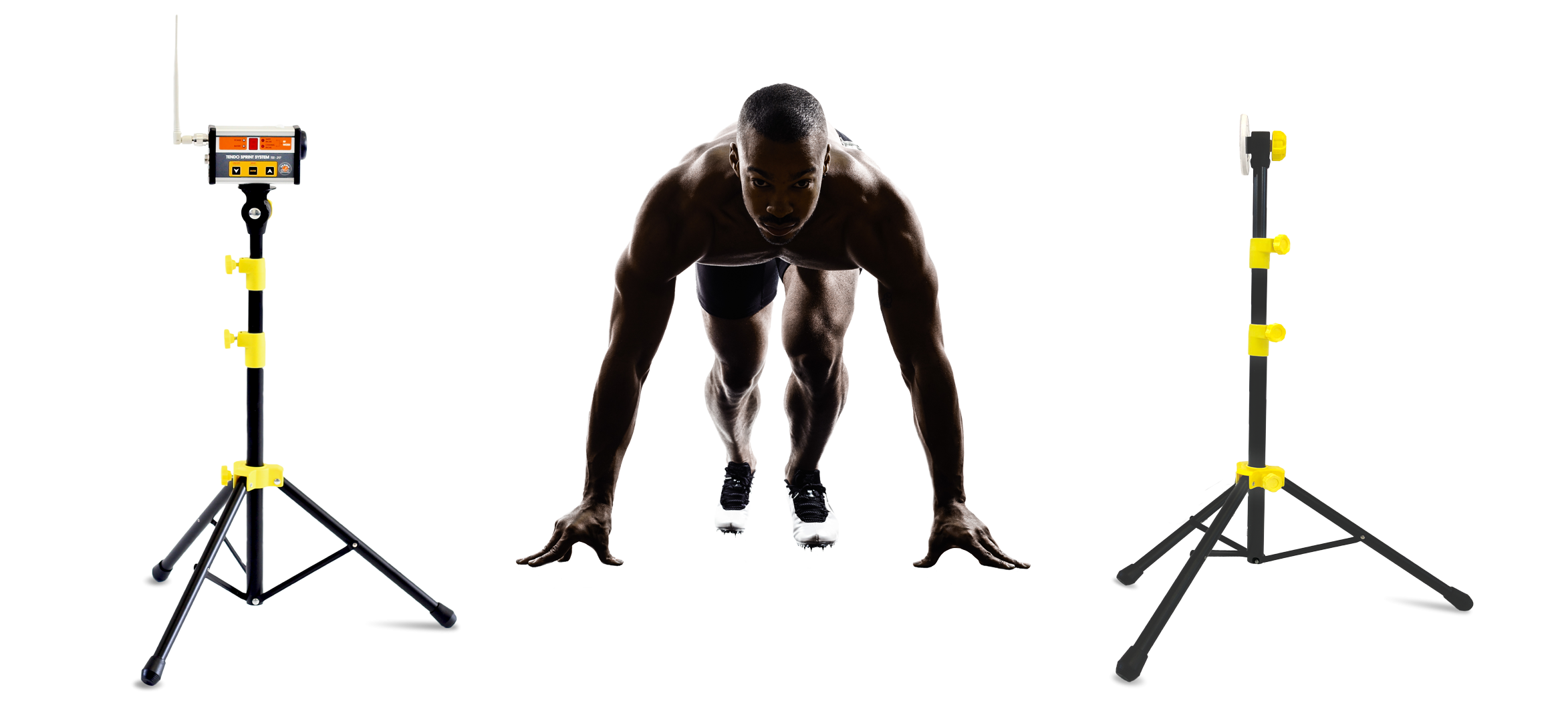 An athlete in starting position ready to sprint standing in between Tendo Sprint System photocell and reflector by Tendo Sport