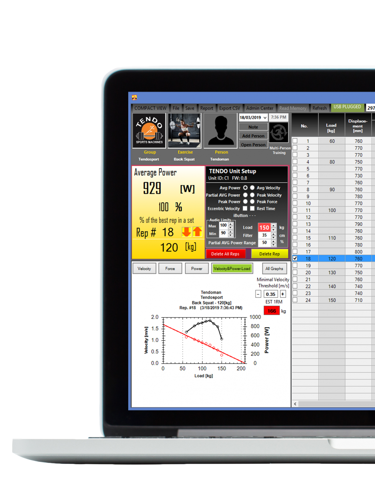 Tendo Unit computer software detail on database, settings, 1RM graph Tendo Unit computer software detail on athlete, group, exercise database with pictures, microcomputer settings settings, automatic estimation of training load for velocity based training and 1RM graph