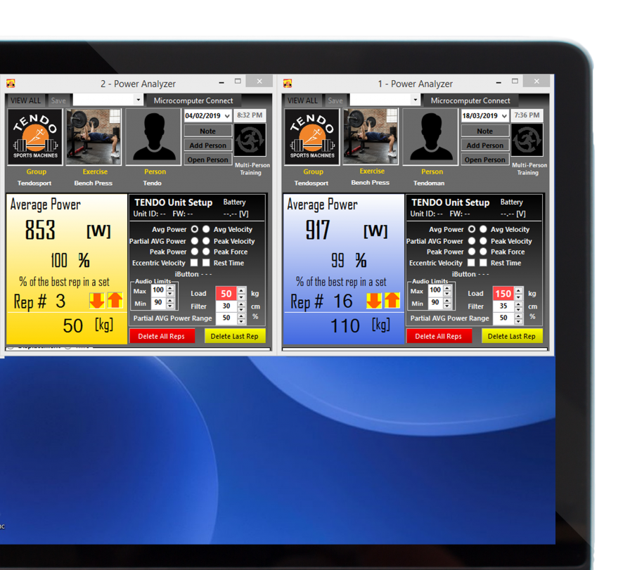 Tendo unit computer software connecting multiple Tendo Units Tendo Unit computer software connecting two different Tendo Unit to a single laptop and showcasing results of average power on bench press for two different athletes