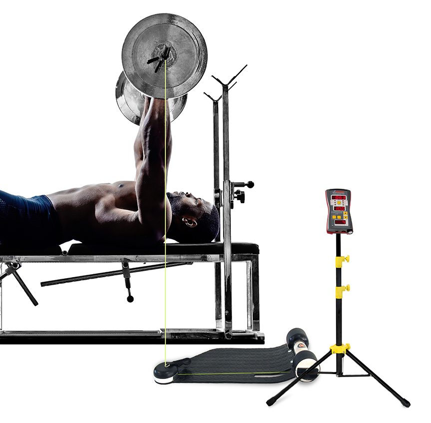 Male athlete performing bench press while his alethic performance is measured with Tendo unit WL by Tendo Sport which sensor is attached to the barbell