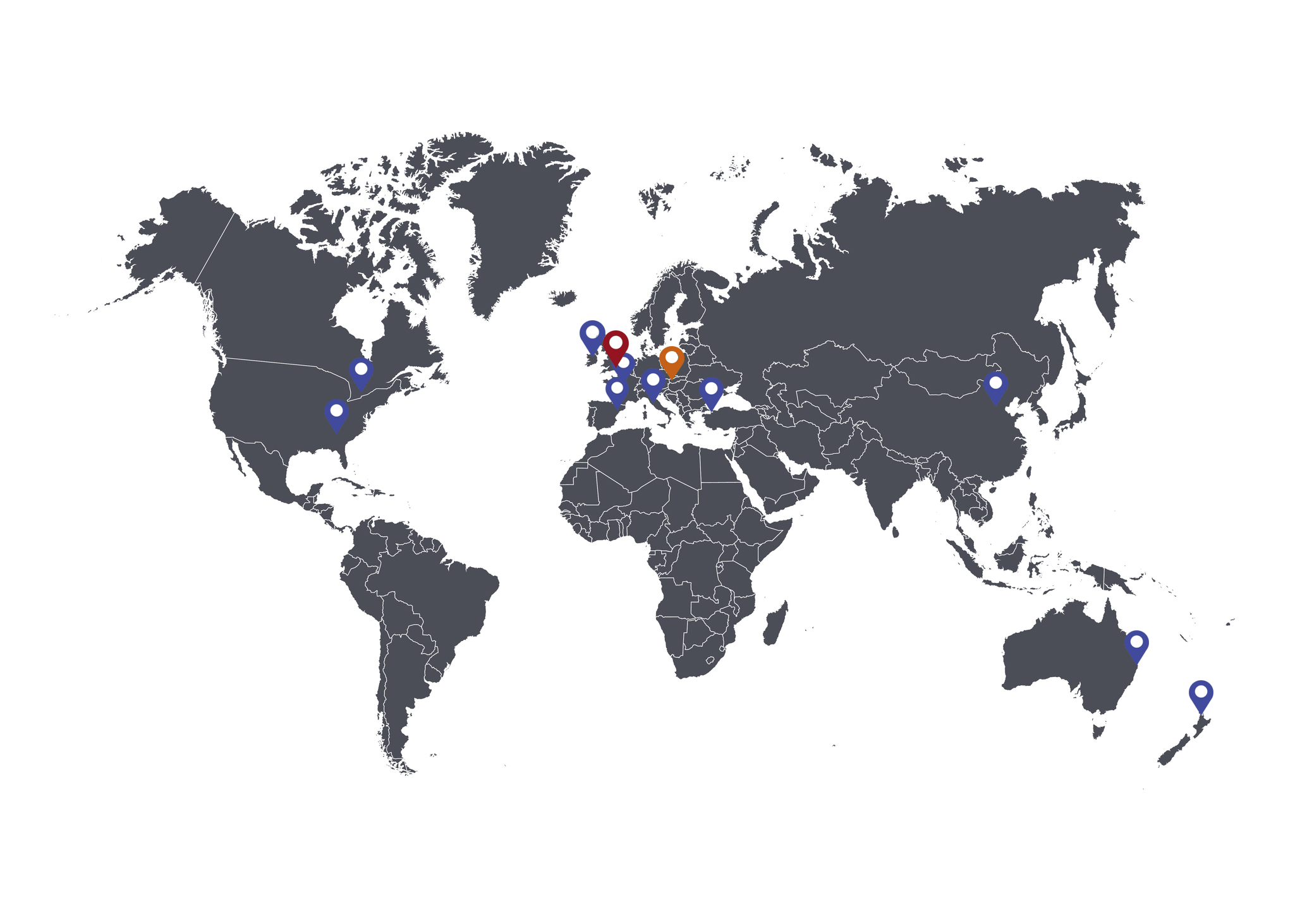 World map with countries tags where Tendo Sport is based and where Tendo Sport distributors are located