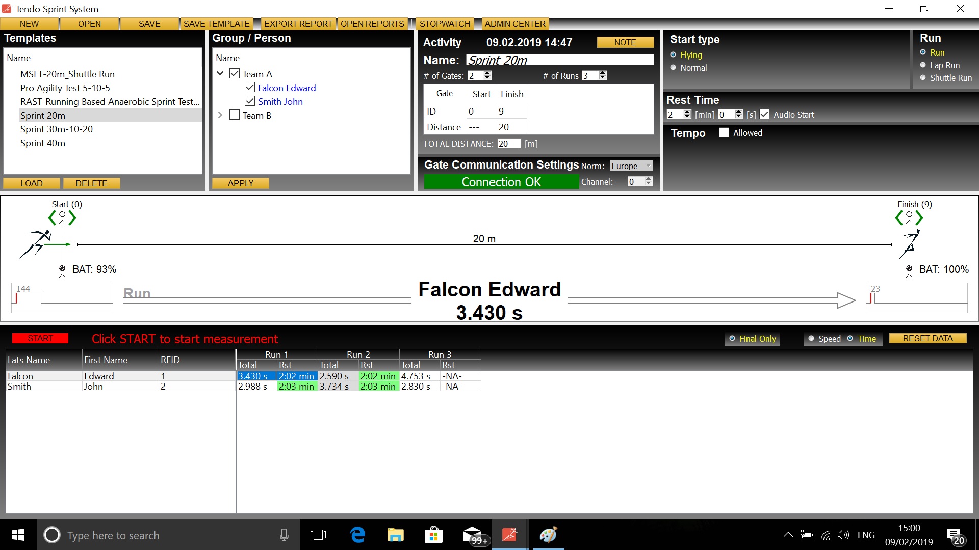 Tendo Sprint System computer software main screen Tendo Sprint System computer software main screen with templates, groups and athlete database, activity details, run types, crosses of the beam, results table with times of each athlete