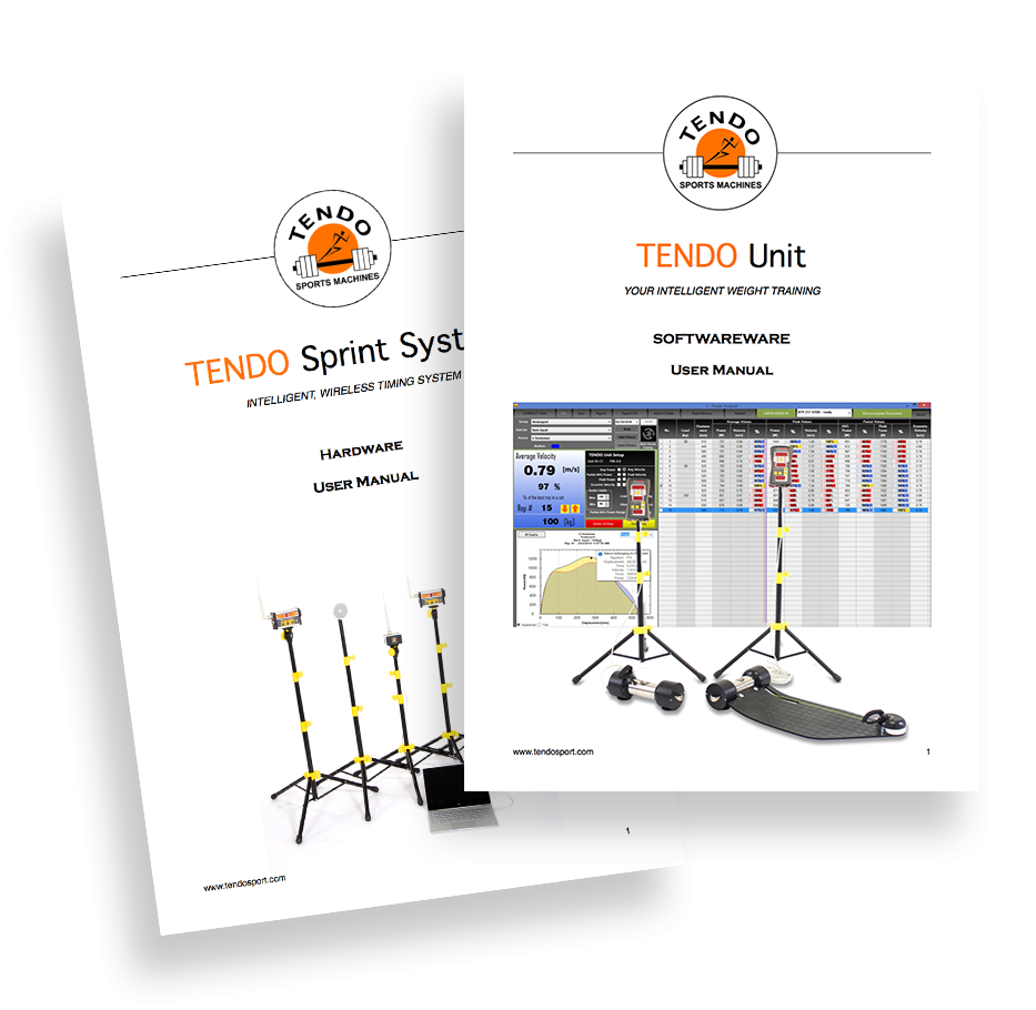 Two manual covers for Tendo Unit computer software and Tendo Sprint System hardware