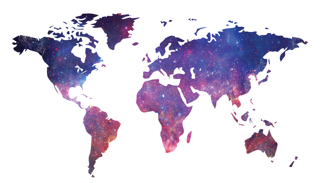 world map filled with galaxy World map filled with colourful galaxy with transparent background