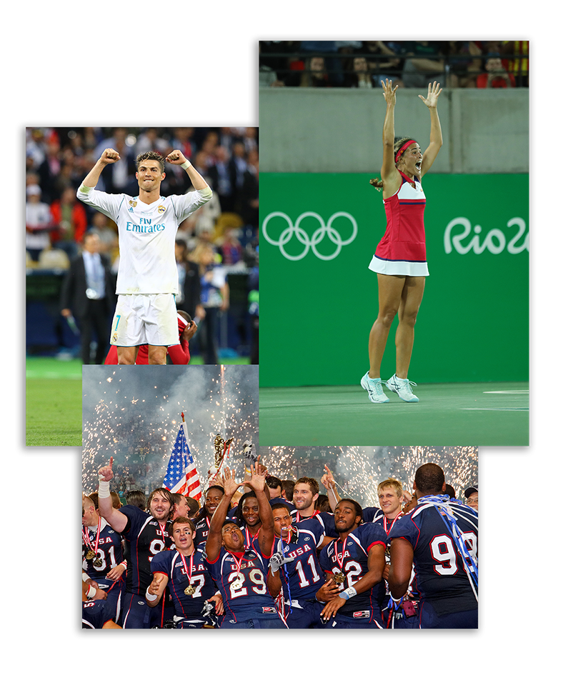 happy winning athletes Football player Christiano Ronaldo, tennis player at Olympic Games in Rio in 2012, american football team being happy after winning a match