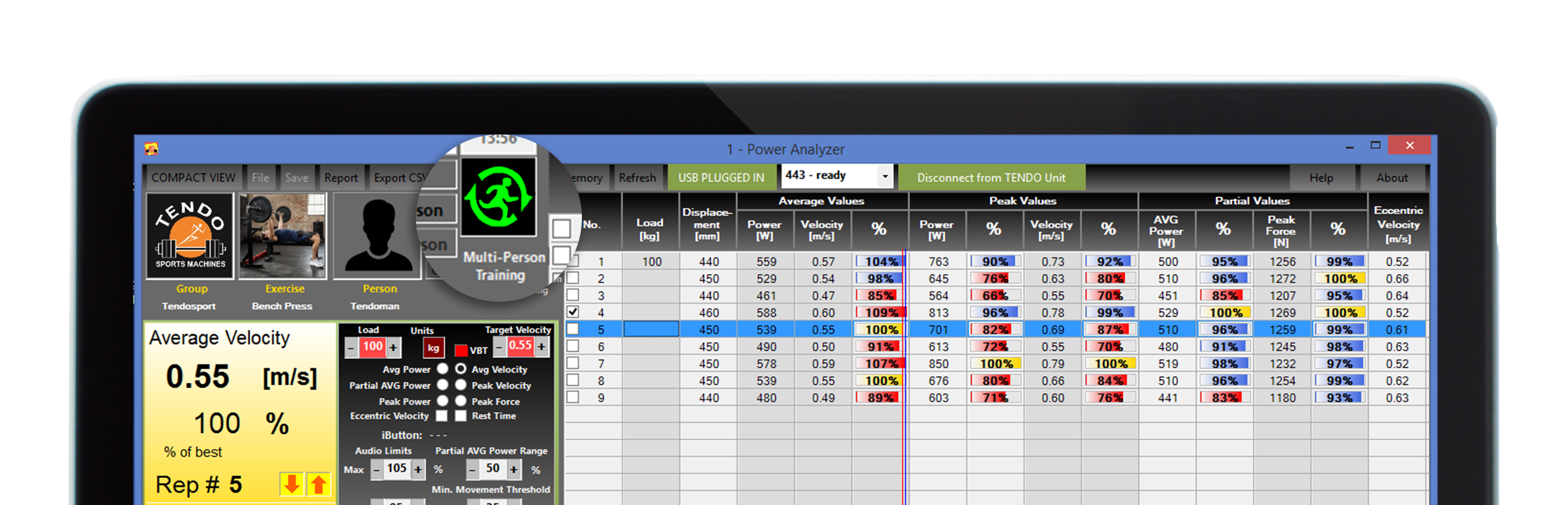 Tendo Power analyser computer software multi-person training mode