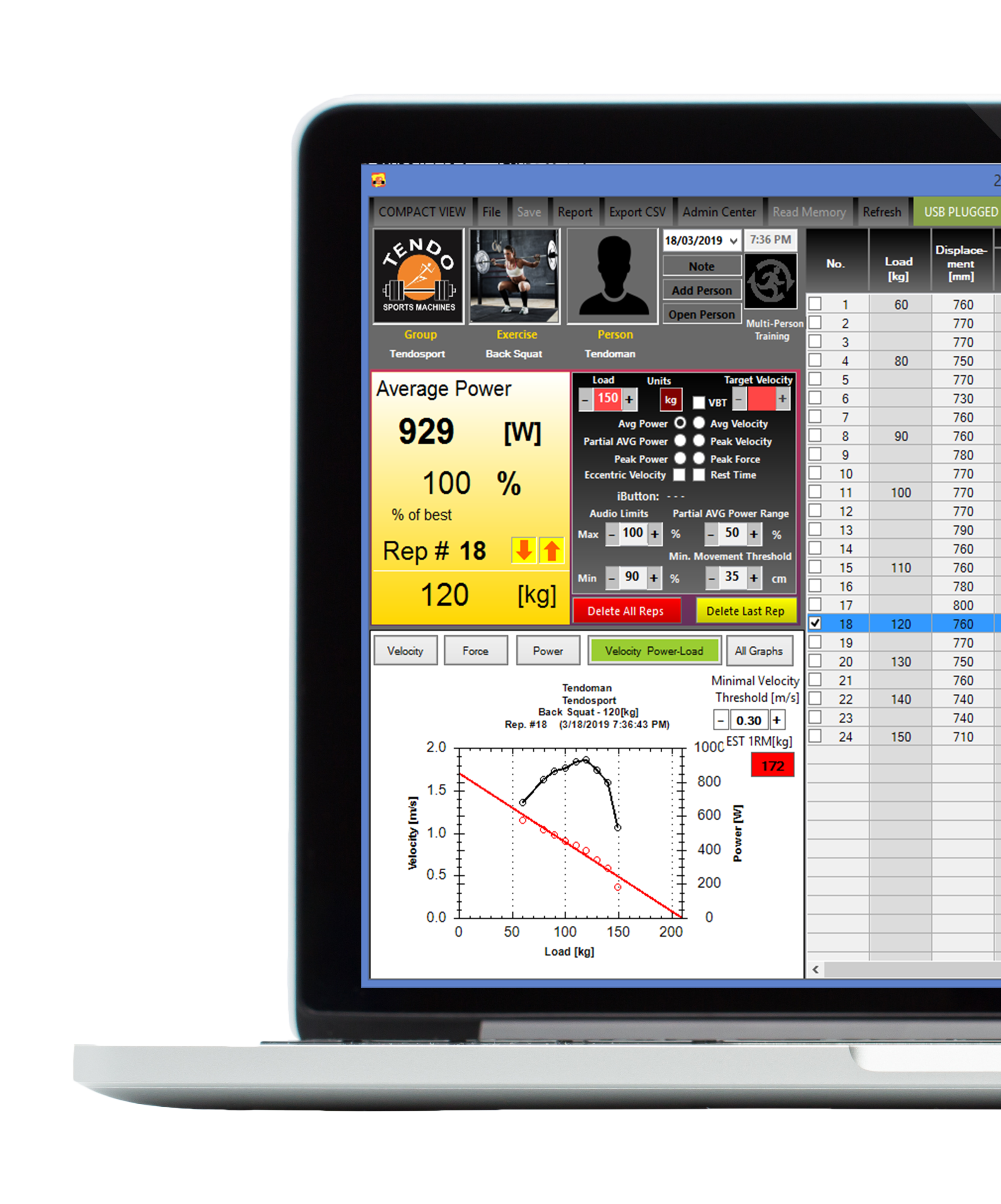 Tendo Power Analyser computer software with database, TendoUnit microcomputer settings, 1RM estimation and Velocity Based Training mode