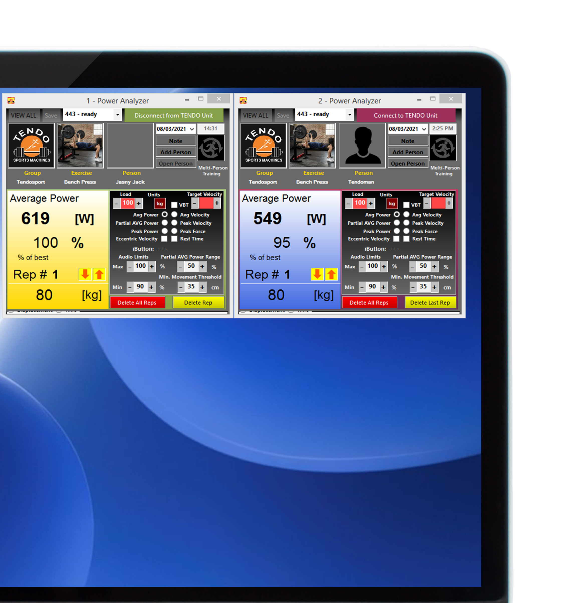 Tendo Power analyser computer software program windows for multiple different Tendo Units and workstations