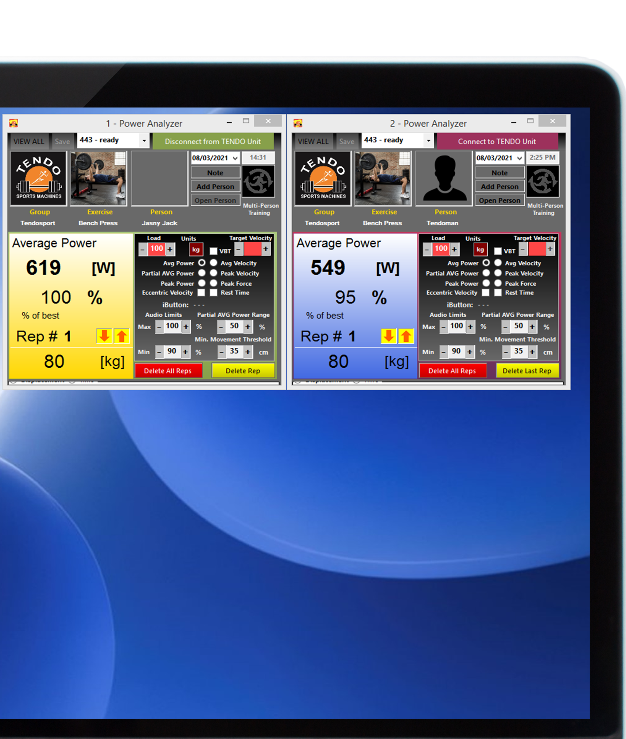 Tendo Power analyser computer software program windows for multiple different Tendo Units and workstations