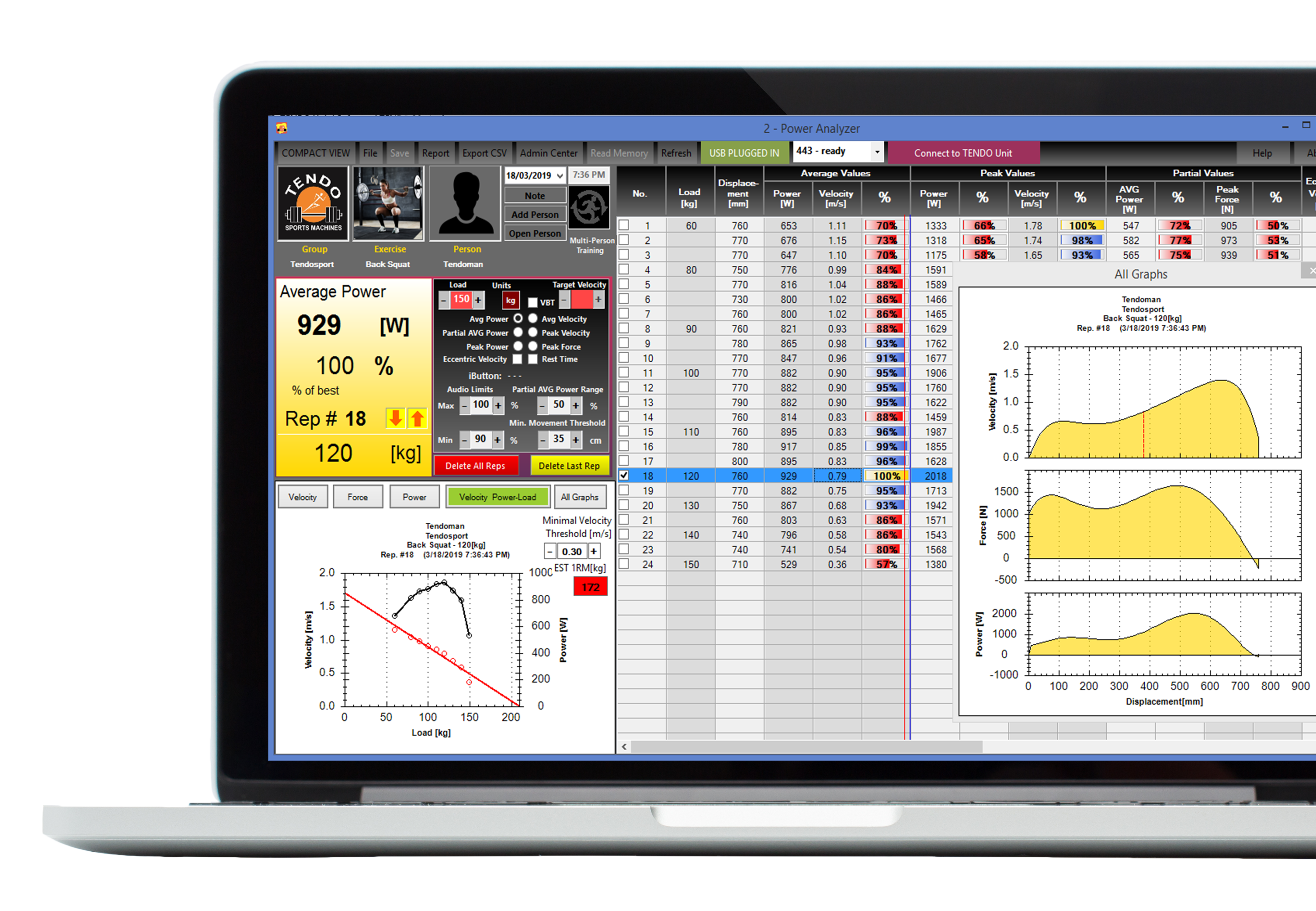 Tendo Power analyser computer software offline program window for analysis of training data with graphs and tables