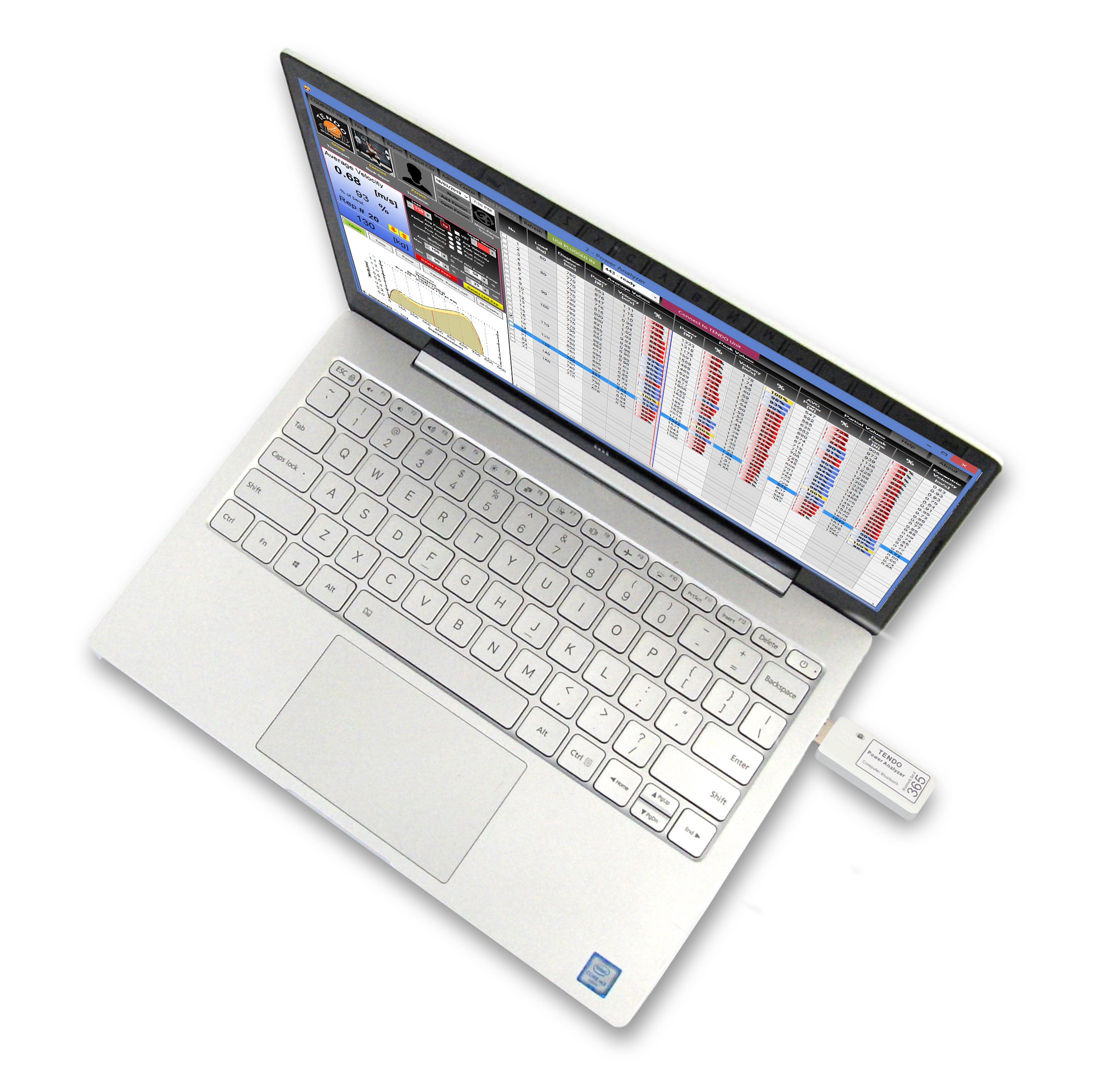 Tendo Power analyser computer software on a laptop with plugged Tendo Bluetooth set Tendo Power analyser computer software on a laptop with plugged Tendo Bluetooth set