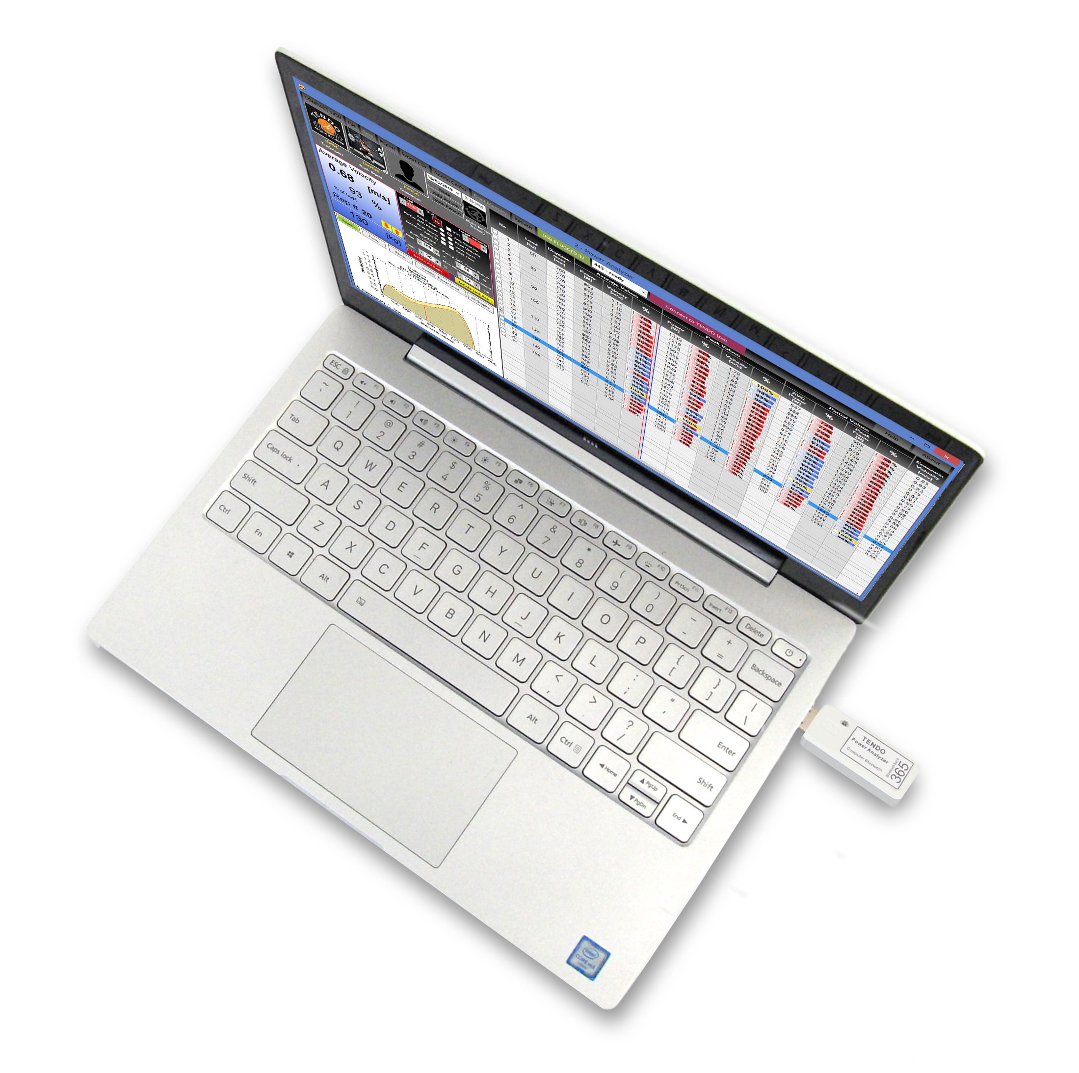 Tendo Power analyser computer software on a laptop with plugged Tendo Bluetooth set