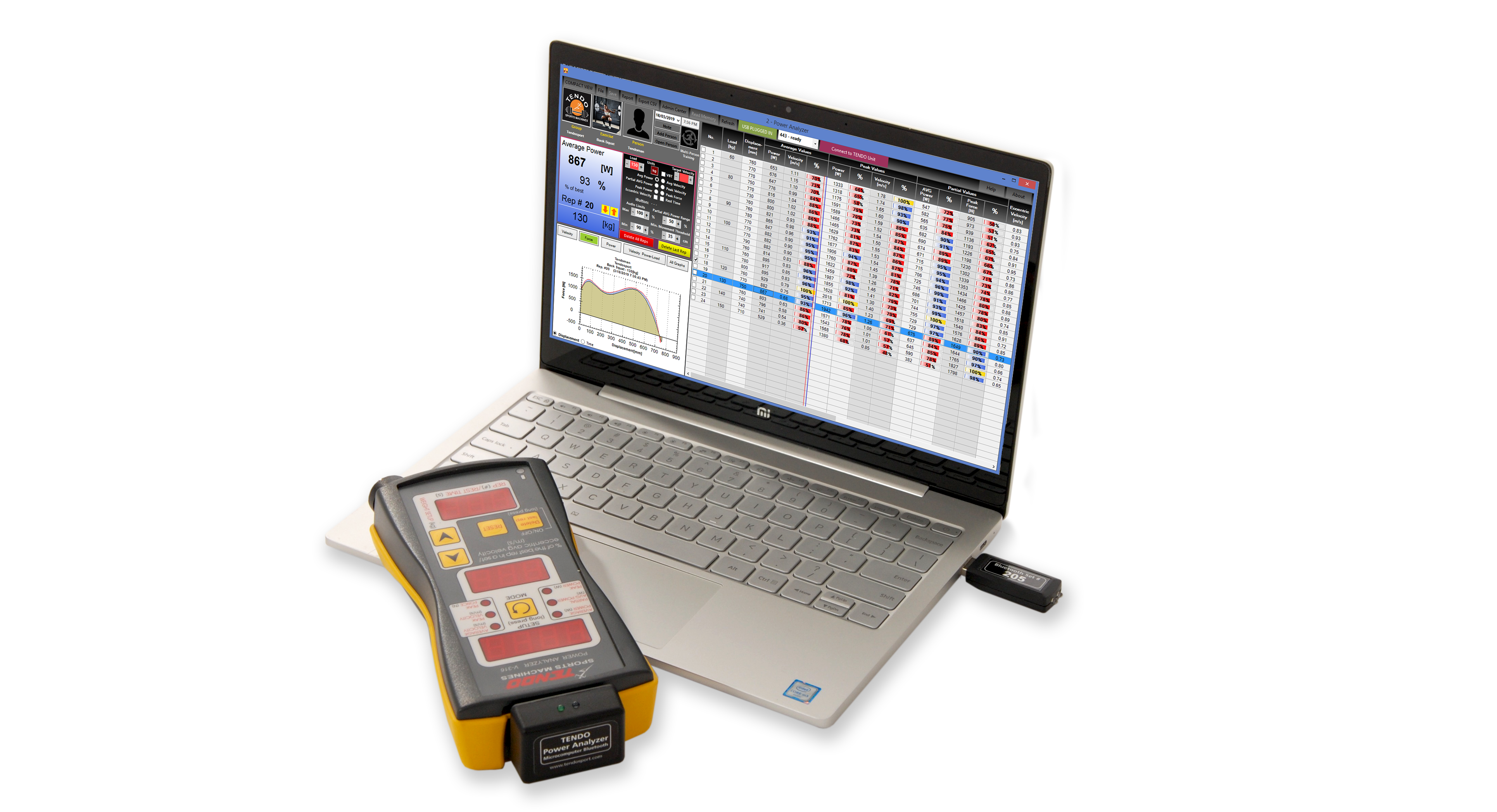 tendo power analyser computer software – set with background Laptop with Tendo Unit wirelessly connected to Tendo Power Analayser computer software via Tendo bluetooth set