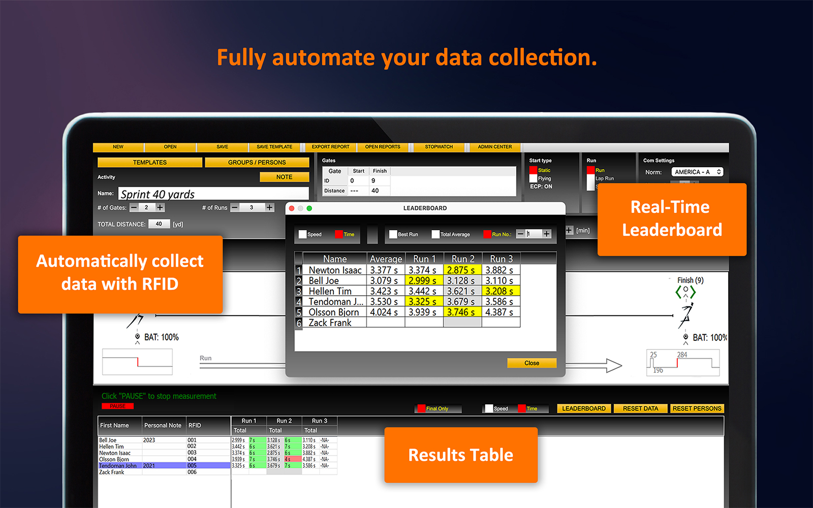 Tendo Sprint System app window result table and leaderboard