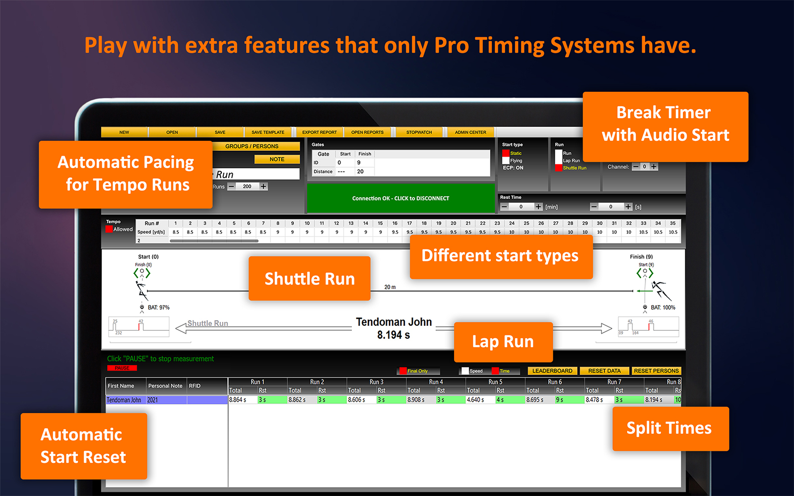 Tendo Sprint System software features including lap run, shuttle run, break timer with audio start, automatic pacing for tempo runs