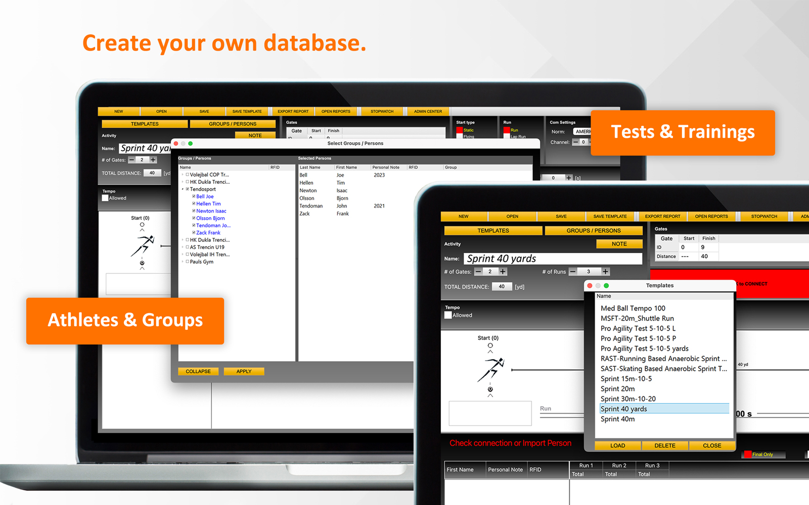 Tendo Sprint System software athlete database, and training and testing templates