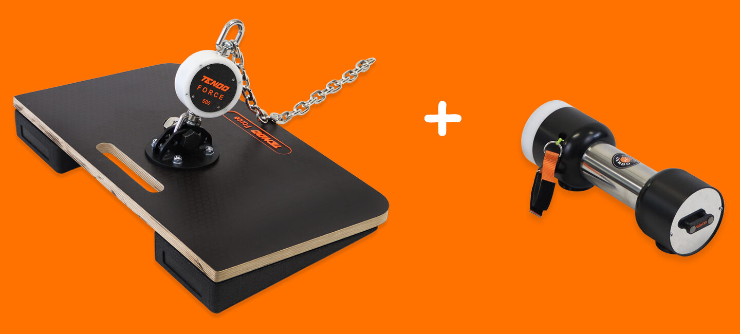 Tendo Force + Tendo Unit Tendo Force sensor with the inclined platform + Tendo MyUnit wireless sensor. Demonstrating how both sensors can be successfully incorporated in the same training