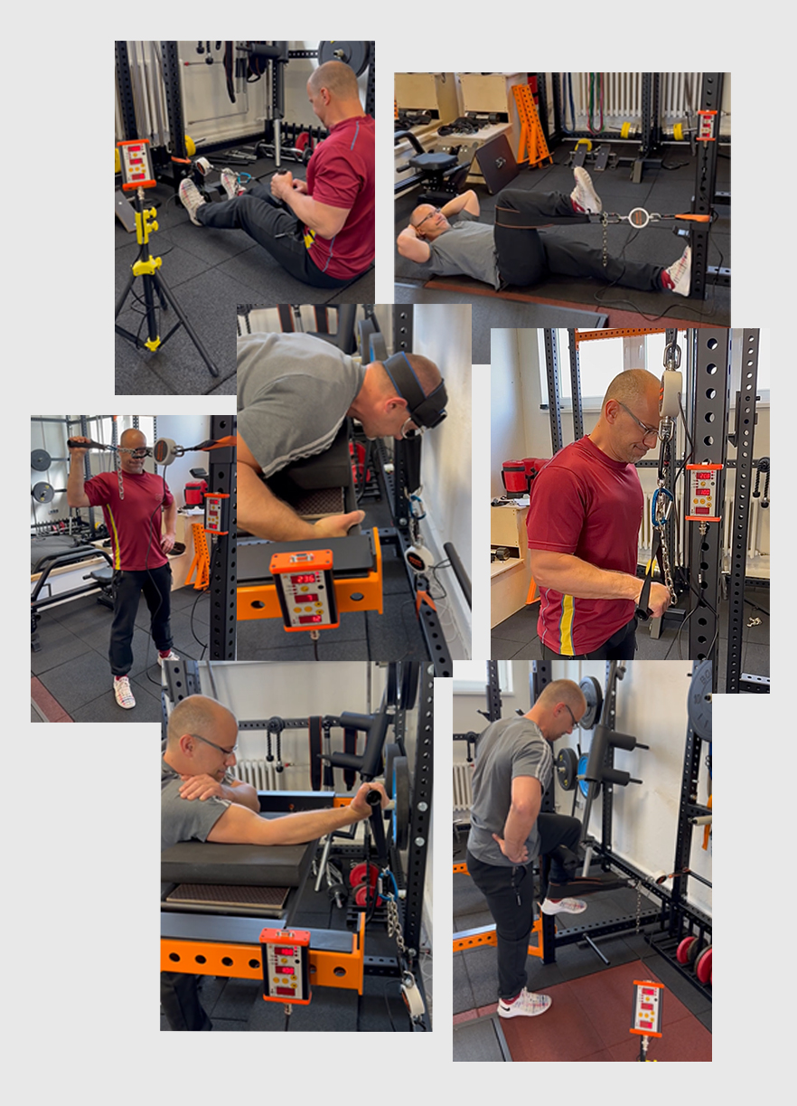 Tendo Force various examples of isometric exercises Series of isometric exercises performed with Tendo Force including isometric seated row, isometric hip flexion, isometric triceps extension, isometric biceps curl