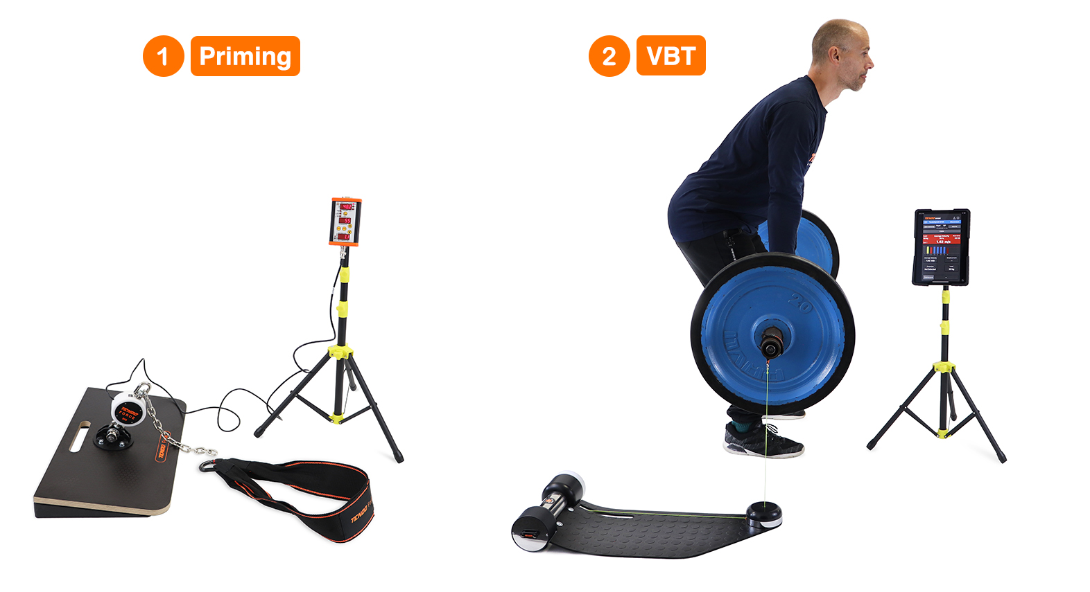 Tendo Force (priming) + Tendo Unit (VBT) Velocity Based Training sequence incorporating Tendo Force priming testing as a first step before VBT performed with Tendo MyUnit
