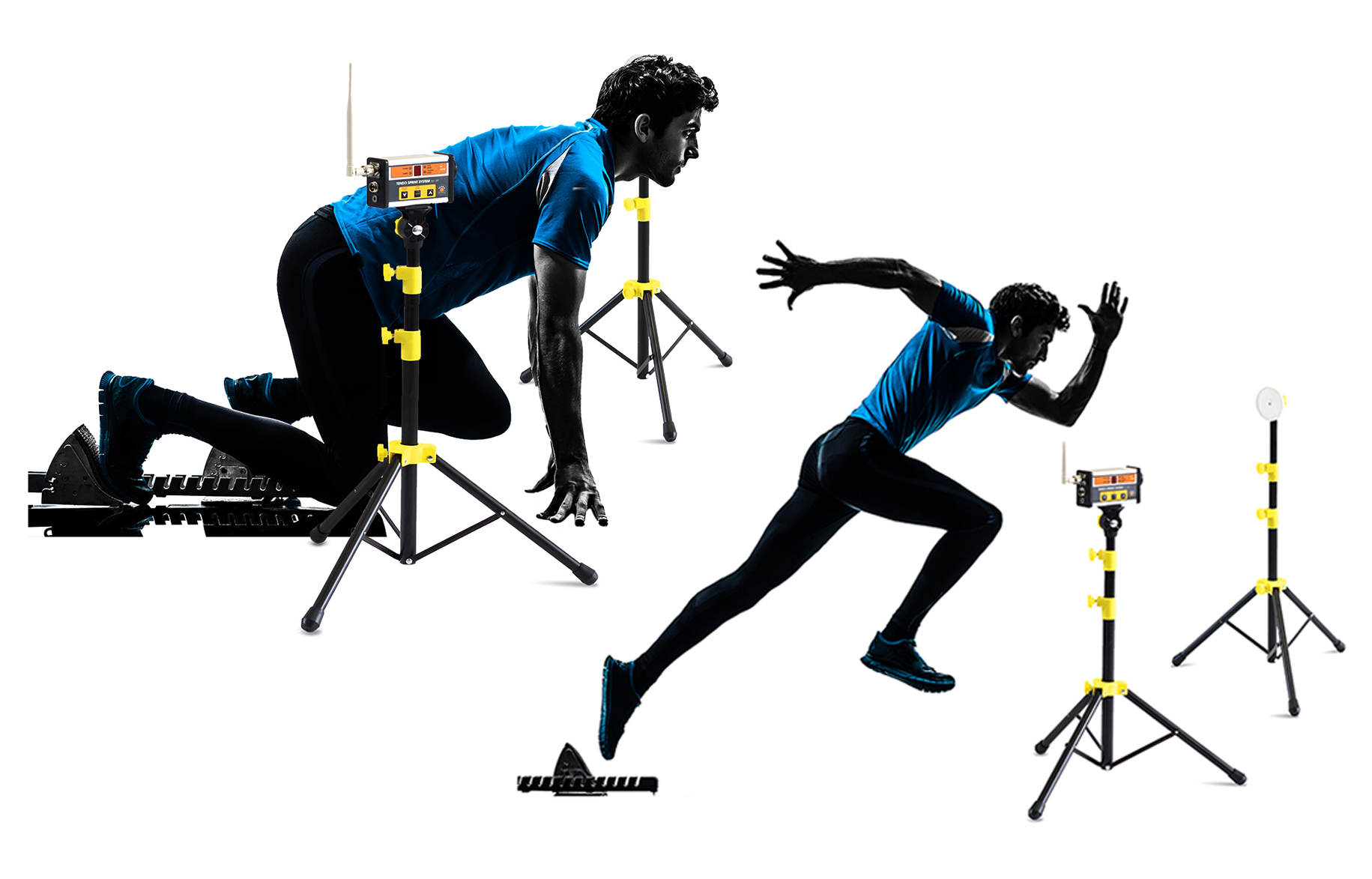 Tendo Sprint system start gates with athletes performing normal start in between the timing gates and flying start.