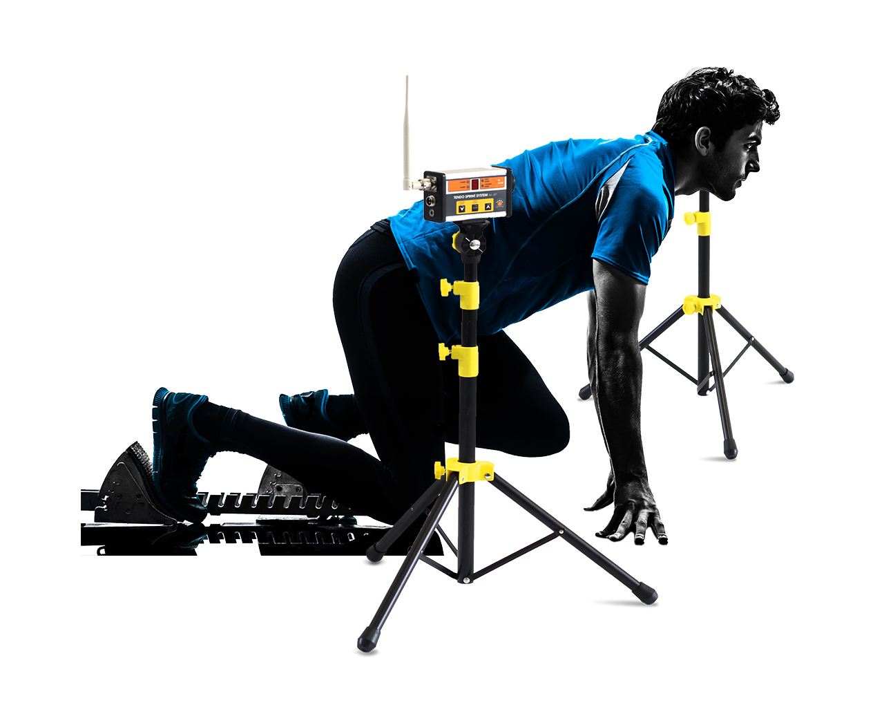 Athlete uses normal start in between the timing gates to begin sprint measurement with Tendo Sprint System